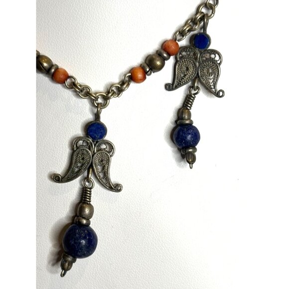Vintage Angel Pendant Necklace With Lapis Beads & Brass Chain - Picture 9 of 16